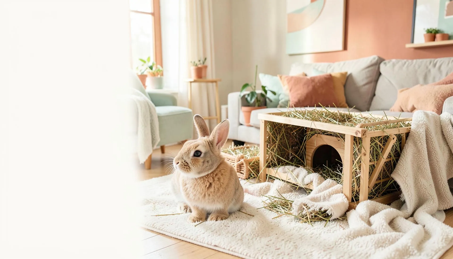 Un lapin beige explorant son enclos intérieur cosy
