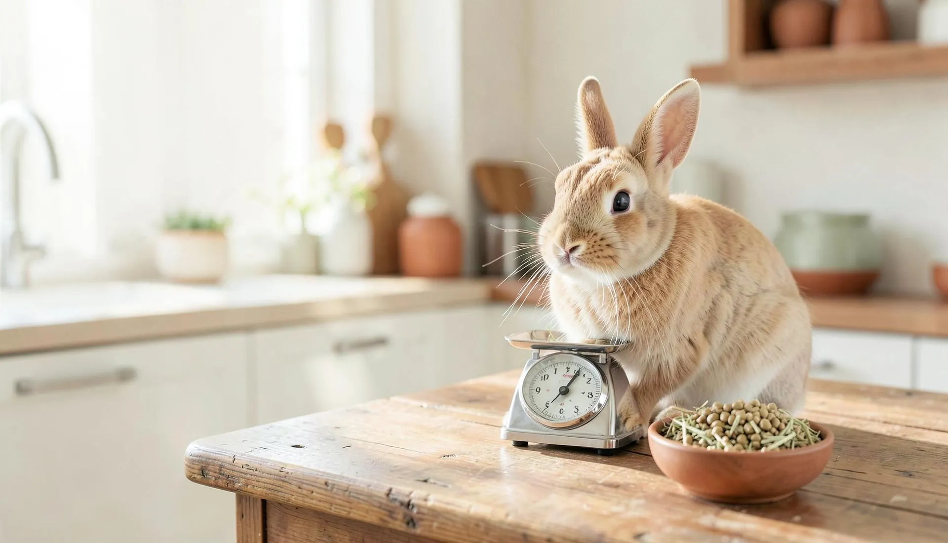 Un lapin beige assis sur une table de cuisine à côté d'une balance et d'un bol de granulés