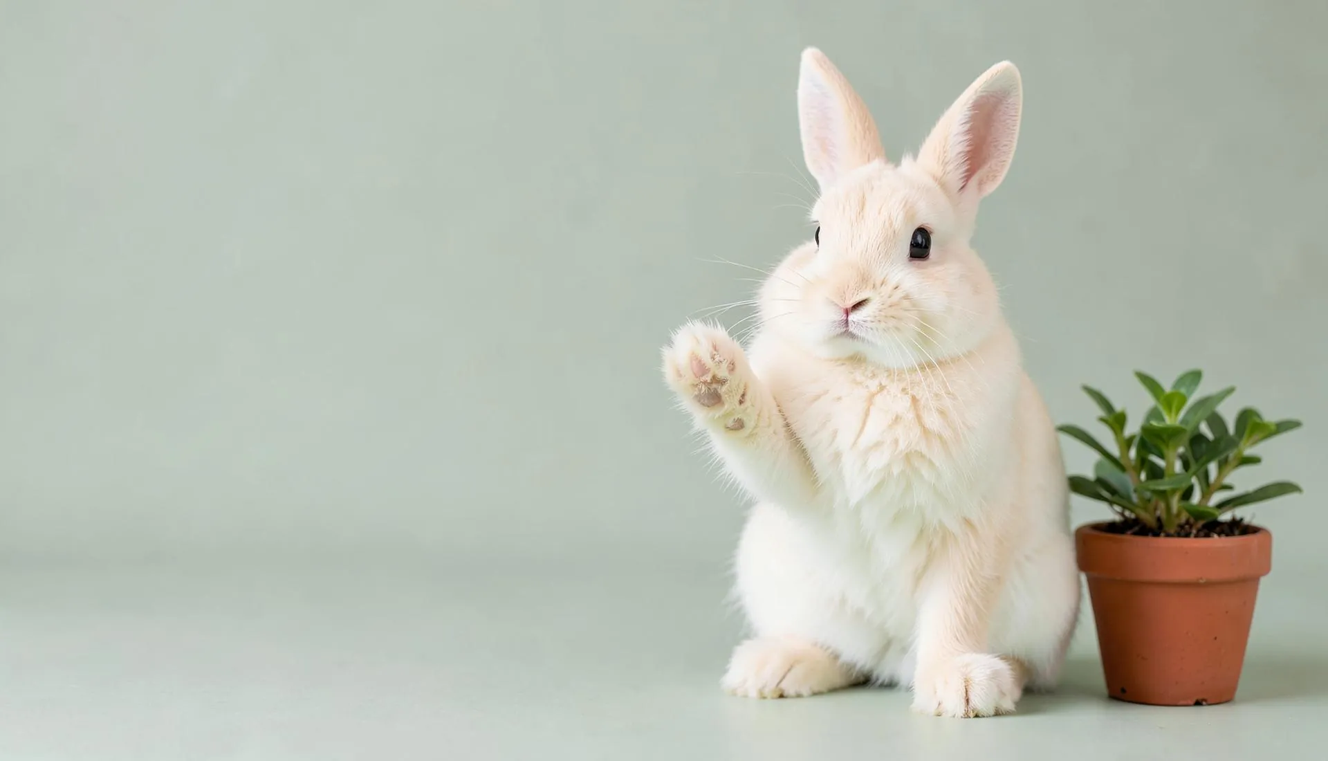 Monsieur Pinpin, un lapin crème assis bien droit qui lève la patte comme pour dire bonjour