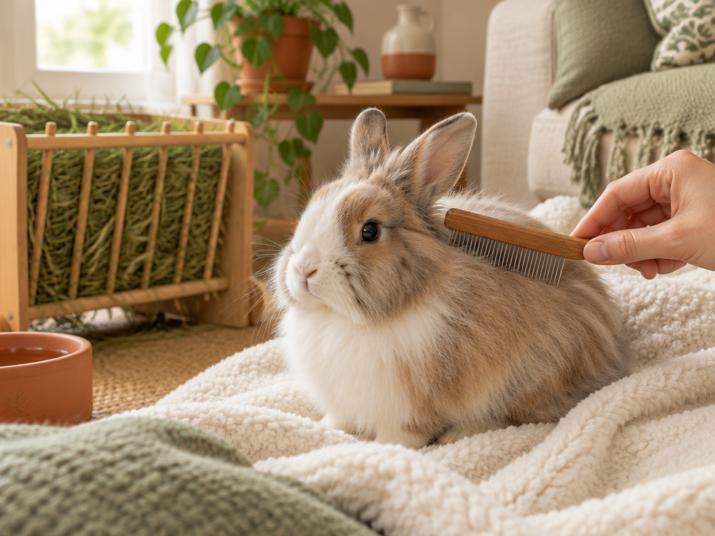 Illustration d'un lapin brossé doucement avec un peigne fin sur une couverture crème, un râtelier de foin en arrière-plan