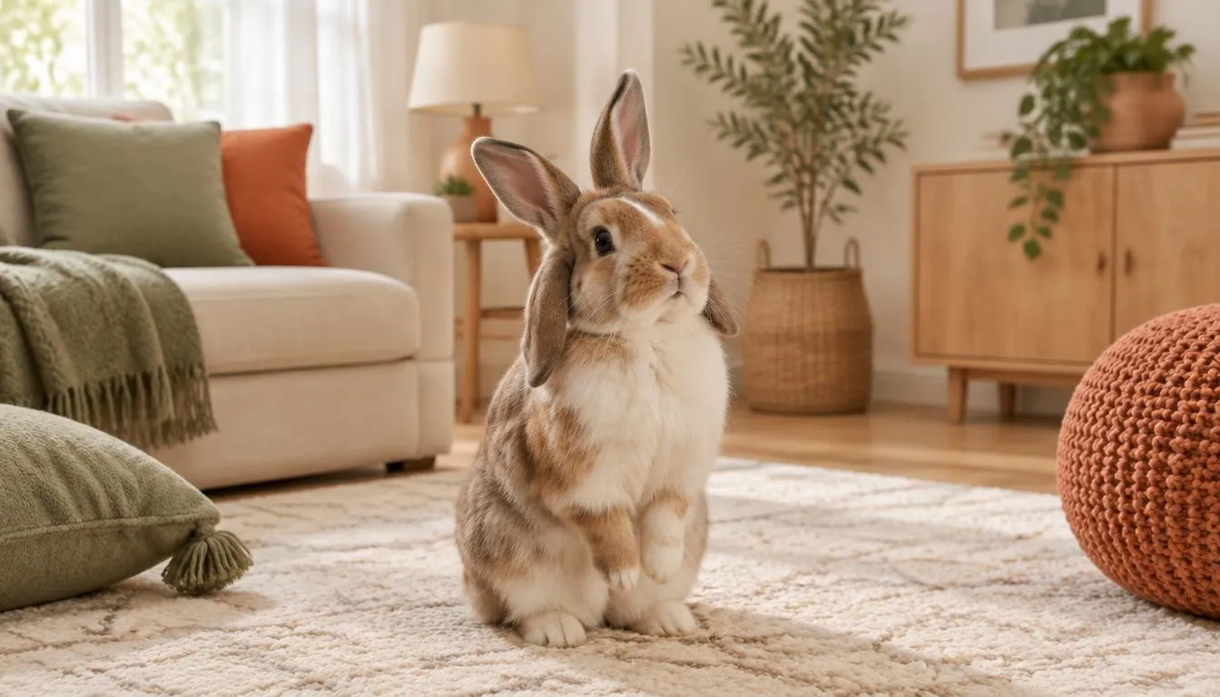 Illustration d'un lapin aux oreilles dressées, attentif aux sons, dans un salon crème et vert sauge