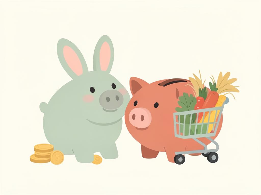 Illustration d'un lapin avec une tirelire et un caddie de légumes