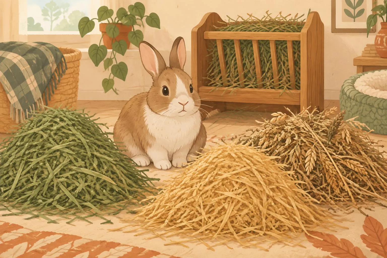 Illustration d'un lapin assis entre plusieurs tas de foin de variétés différentes, près d'un râtelier en bois