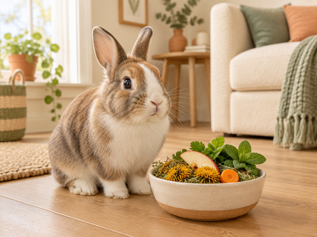 Illustration d'un lapin devant un bol de friandises saines : fleurs de pissenlit séchées, herbes fraîches et fine tranche de pomme