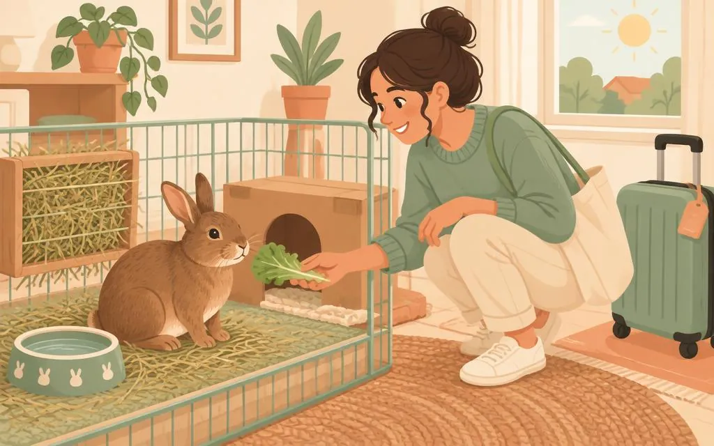 Illustration d'une voisine donnant de la salade à un lapin dans son enclos, valise de vacances en arrière-plan