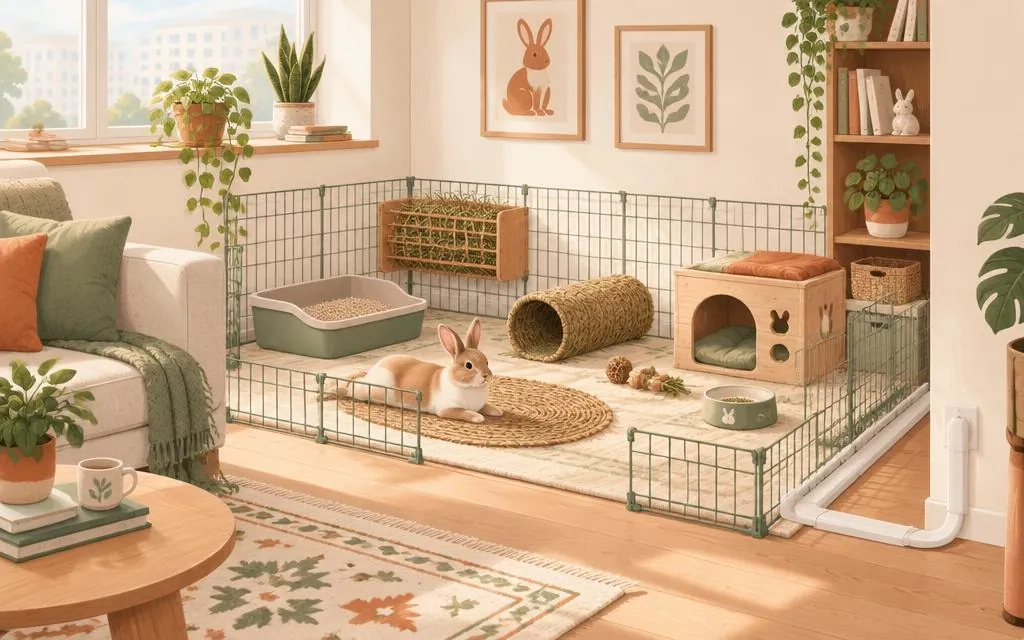 Illustration d'un lapin détendu dans un grand enclos aménagé en appartement