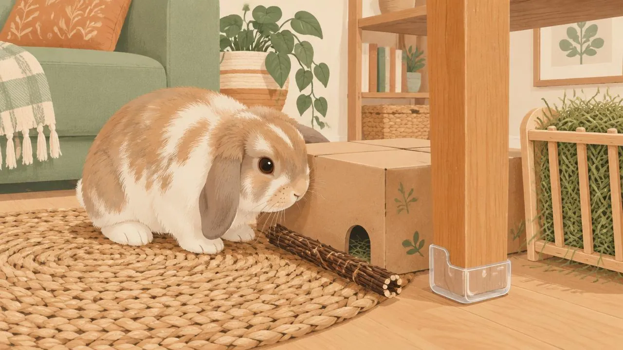 Illustration d'un lapin devant un carton et des branches de saule, un pied de meuble protégé