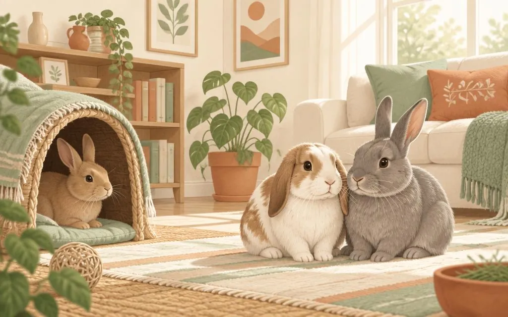 Illustration de deux lapins côte à côte et d'un lapin seul dans sa cachette