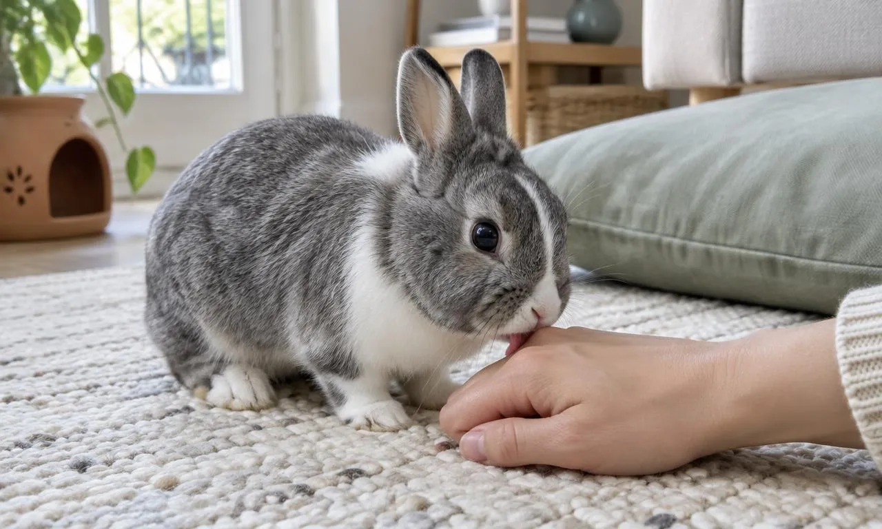 Image illustrative d'un lapin gris et blanc léchant doucement une main au sol dans un salon