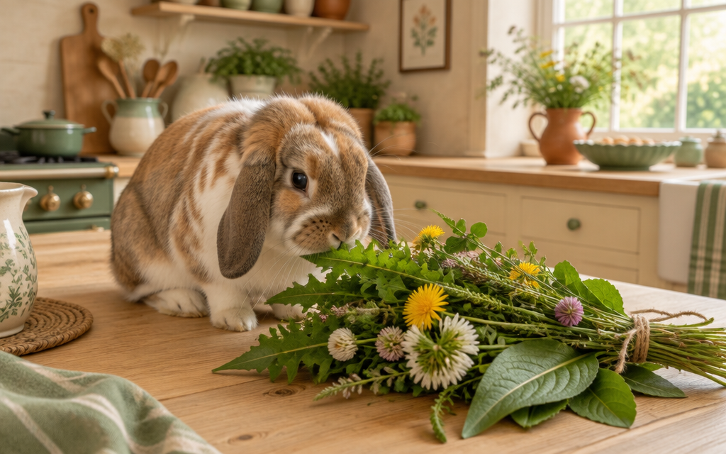 Illustration d'un lapin bélier reniflant un bouquet d'herbes sauvages (pissenlit, plantain, trèfle) sur une table de cuisine