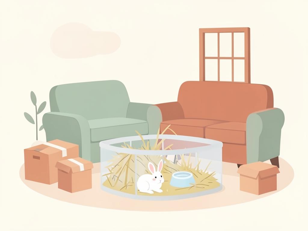 Illustration d'un salon préparé pour l'arrivée d'un lapin