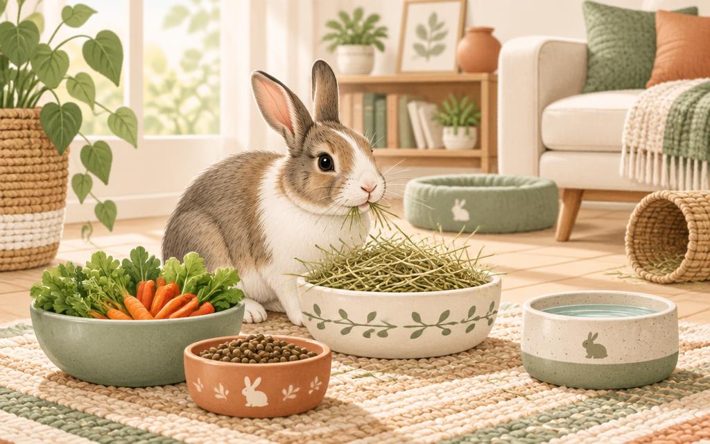 Illustration d'un lapin devant du foin, des légumes frais, des granulés et de l'eau
