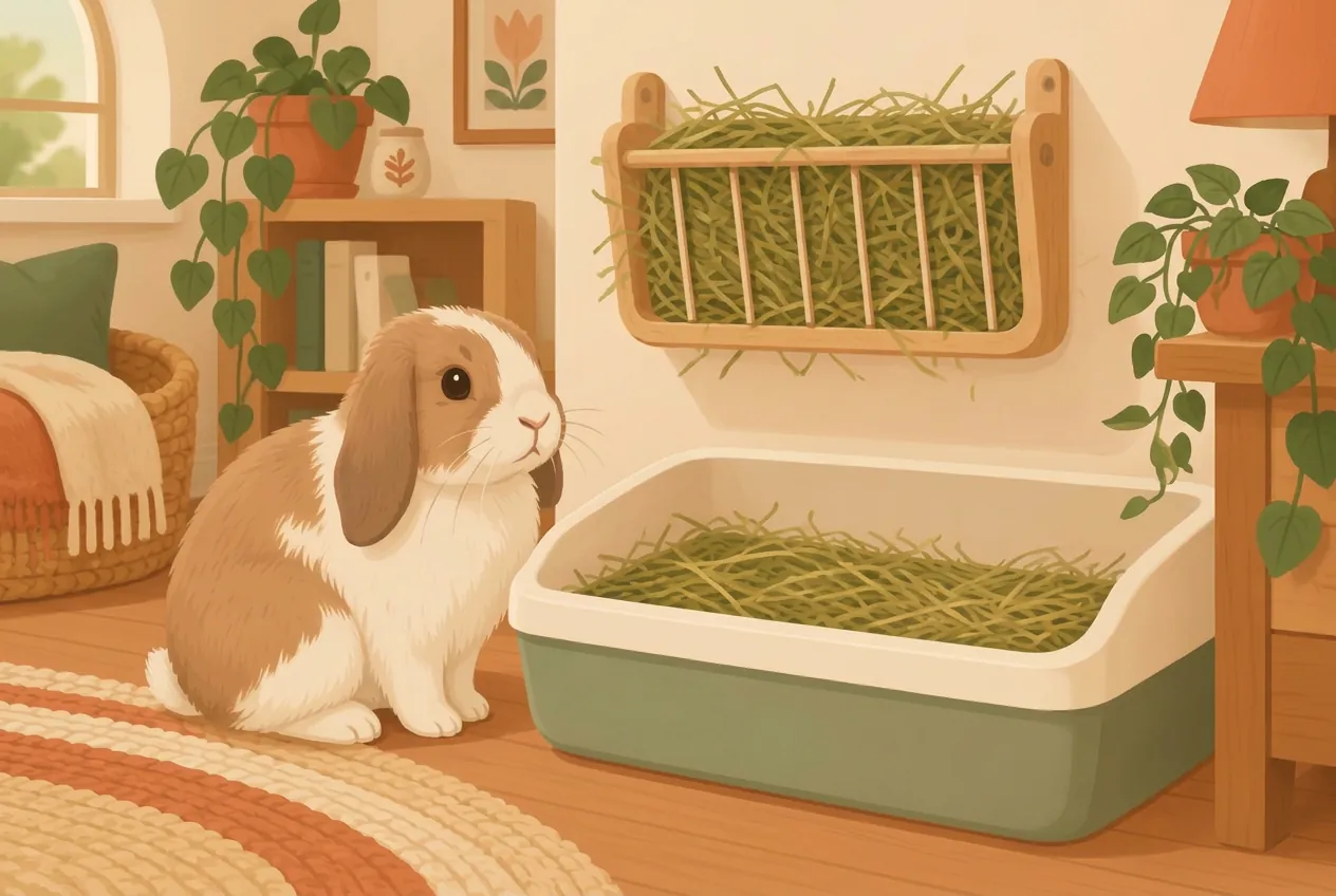 Illustration d'un lapin devant son bac à litière rempli de foin, avec un râtelier à foin mural